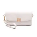 Detail of white textured leather clutch featuring a gold rectangular clasp and wrist strap - Pleated Texture Style / Off-white
