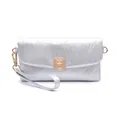 Detail of silver pleated leather clutch featuring a gold rectangular clasp and wrist strap - Pleated Texture Style / Silver