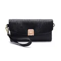Detailed view of black pleated leather wallet with a gold metal buckle and wrist strap - Pleated Texture Style / Black