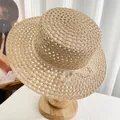 Khaki wide brim straw sun hat with light yellow lace ribbon and bow decoration - Khaki Bow Flat Top Hat (D-603)