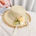 Beige wide brim straw sun hat with large floral accents and elegant lace ribbons - Beige Flower Raw Edge Straw Hat (D-0027)