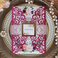 Elegant laser cut fuchsia glitter wedding invitation set with floral card and gold foil belly band - Glitter Rose Red