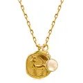 Detailed close-up of 18k gold Sagittarius coin pendant and natural gemstone on chain - Sagittarius