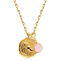Detailed view of 18k gold plated lion pendant with a round pink natural birthstone charm - Leo