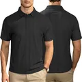 Vorder- und Rückansicht eines schwarzen Herren-Polo-Shirts mit vertikaler Rippenstruktur - S / Schwarz