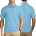 Men's light blue short sleeve polo shirt with vertical textured fabric and classic collar - Light Blue