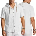 Heren wit linnen shirt met korte mouwen, capuchon, knopen en trekkoord detail - S / Wit