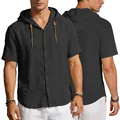 Heren linnen shirt met korte mouwen en capuchon in het zwart met knoopsluiting en koord - S / Zwart