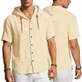 Beige linnen herenoverhemd met korte mouwen, capuchon met trekkoord en knoopsluiting - S / Khaki