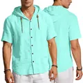Heren linnen shirt met korte mouwen, capuchon en knoopsluiting in mintgroen - S / Muntgroen