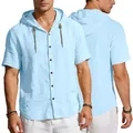 Light blue men's short sleeve linen hooded shirt with button placket and rope drawstring - Light Blue