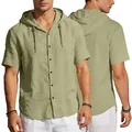 Men's sage green linen short sleeve hooded shirt with buttons and adjustable drawstrings - Army Green