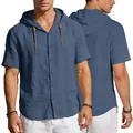 Men's dark grey blue linen short sleeve hooded shirt with buttons and drawstrings - Navy Blue