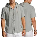 Men's light grey linen short sleeve hooded shirt with buttons and front-back view - Gray