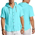 Men's casual short sleeve linen hoodie shirt in turquoise blue with buttons - Sky Blue