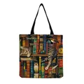 Detailed close-up of a tote bag featuring a vintage bookshelf and a sleeping cat print - Hm2540