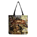 Detail of artistic cat print on canvas tote bag featuring a vintage garden theme - Hm2551