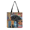 Portable canvas tote bag with vintage cat and bookshelf illustration art print - Cat on Bookshelf