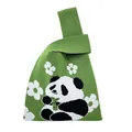 Green knitted panda tote bag with bamboo and floral pattern, large capacity wrist bag - Green - Floral Panda