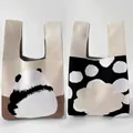 Detail of premium thick knitted panda tote bag and stylish polka dot pattern handbags - Beige/Coffee - Panda Back View