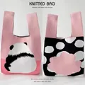 Knitted panda tote bag in pink and black white polka dot floral patterns - Pink - Panda Back View