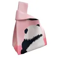 Pink knitted panda tote bag with knot handle design and soft thick texture - Pink - Panda Back View Lightweight