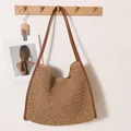 Borsa tote in paglia fatta a mano color kaki naturale con manici in pelle marrone per mare - Borsa quadrata con spalline color caffè
