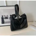 Minimalist large capacity black soft PU leather hobo bag with adjustable shoulder strap - Black