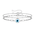 Silver paperclip and bead layered bracelet set with blue evil eye protective charm - Silver Double Layer Evil Eye Style