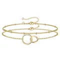 Gold double-layer paperclip chain bracelet set with interlocking rings and bead details - Gold Double Layer Interlocking Ring Set