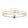 Double-layer gold paperclip chain bracelet with blue evil eye pendant and bead detail - Gold Double Layer Paperclip Evil Eye Style