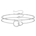 Bright silver double-layer paperclip chain bracelet with interlocking rings and small beads - Silver Double Layer Interlocking Ring Set