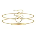 Minimalist gold link bracelet set with round hollow pendant and polished metal bar - Gold Ring & Bar Set