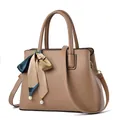 Khaki PU leather handbag with silk scarf, pearl charms and adjustable strap - Khaki