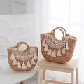 Handwoven straw tote bag set with bohemian macrame lace and fringe for beach vacation - Length 40 x Width 10 x Height 35 / Camel