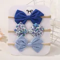 Lot de 3 bandeaux bébé en nylon avec nœuds bleu roi, à fleurs et bleu clair en lin - Bleu Clair/Floral/Bleu Royal (3F)