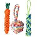 Three durable cotton dog rope toys including carrot and ball shapes for chewing and playing - Carrot + Loop Ball + Handheld Corn
