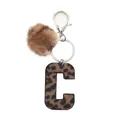 Llavero de letra C en cuero de leopardo con pompón de piel sintética marrón y cierre plateado - Letra Mayúscula-C(20049)