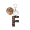 Leopard print leather letter F keychain with brown faux fur pom pom and silver clasp - Capital Letter-F(20052)