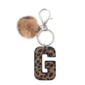 Leopard print leather letter G keychain with brown pom-pom and silver metal clasp - Capital Letter-G(20053)