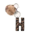 Leopard print leather letter H keychain with fluffy brown faux fur pom pom charm - Capital Letter-H(20054)