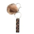 Western style leopard print acrylic tag keychain with fluffy faux fur pompom in brown - Capital Letter-I(20055)