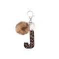 Leopard print leather letter J keychain with fluffy faux fur pompom and metal clip - Capital Letter-J(20056)