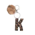 Western style faux fur brown pom pom keychain with leopard print leather letter K - Capital Letter-K(20057)