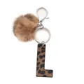 Leopard print leather letter L keychain with fluffy brown faux fur pom pom and silver clasp - Capital Letter-L(20058)