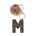 Western style leopard print letter M keychain with a brown plush pompom and metal ring - Capital Letter-M(20059)