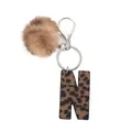 Western style leopard print letter N leather keychain with brown faux fur pom-pom - Capital Letter-N(20060)