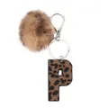 Western style leopard print leather letter P keychain with brown faux fur pom-pom - Capital Letter-P(20062)