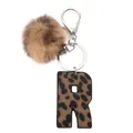 Leopard print alphabet R keychain with brown faux fur pompom and silver metal clasp - Capital Letter-R(20064)