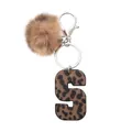 Western style leopard print letter S leather keychain with matching plush pompom and silver ring - Capital Letter-S(20065)